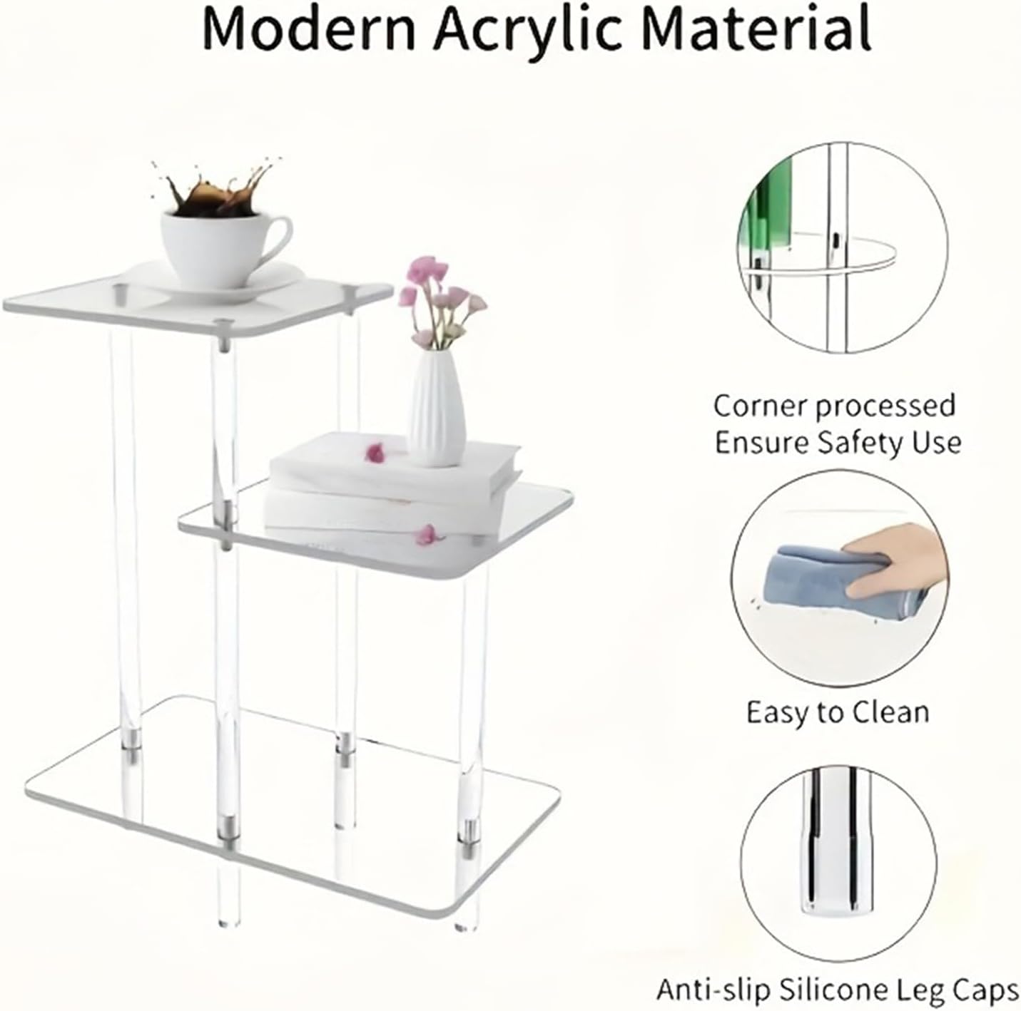 Acrylic Side Table - 3-Tier Small Square Desk, 1 Unit Clear Acrylic Side Table for Laptops, Transparent Tiered Rack with Polished Edge, Home Supply, Bedside Unit for Bedrooms and Living Rooms
