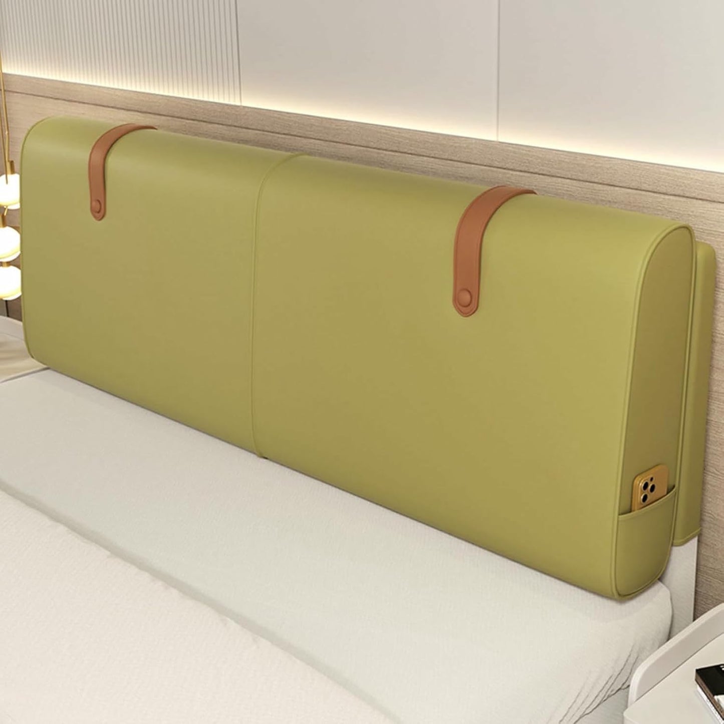Faux Leather Headboard Upholstered Solid Color Support Pillowboard,Lumbar Cushion Large Backrest Bedside Cushion,Sofa Bed Bunk Bed Reading Pillow,Khaki,Straps 79"/King