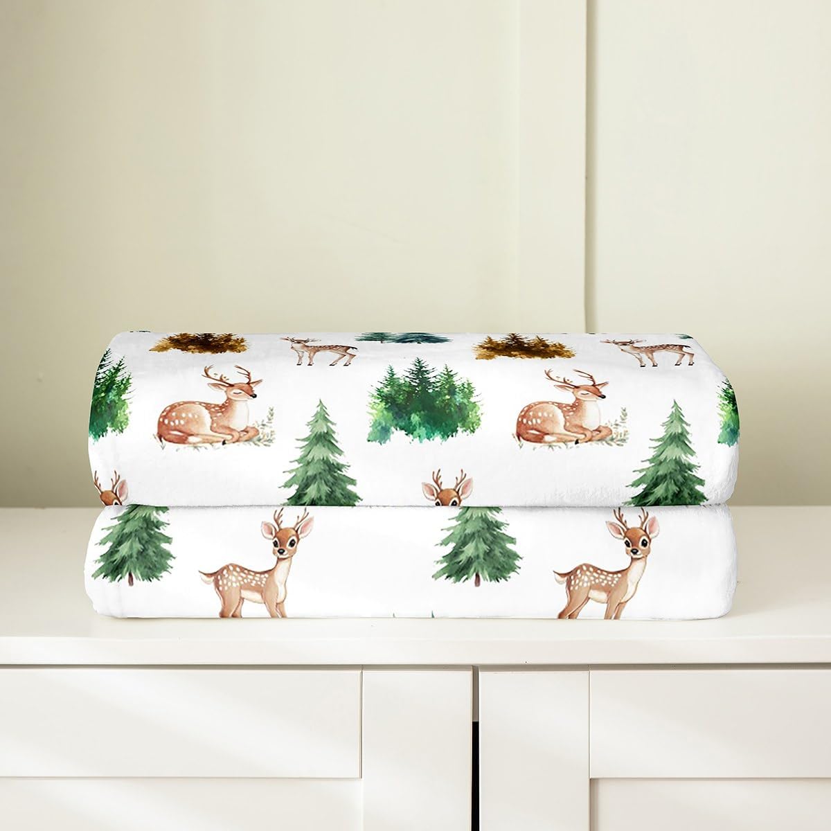 Feelyou Deer Fleece Throw Blanket Throw 50"x60" Kids Wild Animal Flannel Blanket Plush Fuzzy for Sofa Couch Boys Girls Teens Wool White All Season