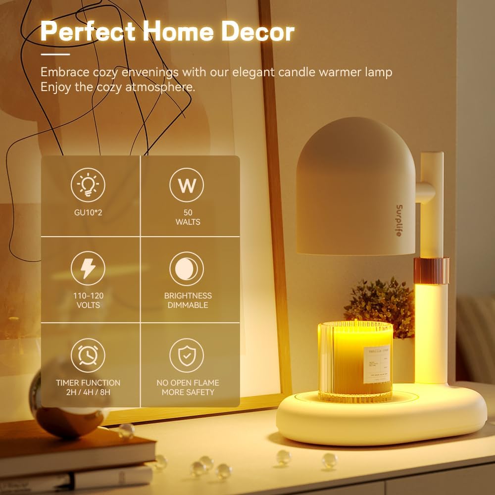 Candle Warmer Lamp with Timer & Dimmer, Adjustable Height Candle Warmer for Jar Candles, Wax Melt Lamp for Home Decor & Gifts, Off White, 2 Bulbs
