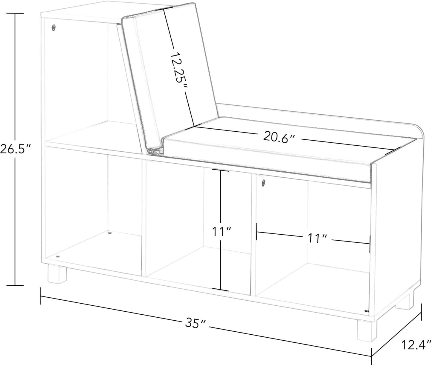 RiverRidge Kids Reading Nook and White Cubby Storage Bench with Comfy Cushioned Seat and Cubbies Toy Organizer, White