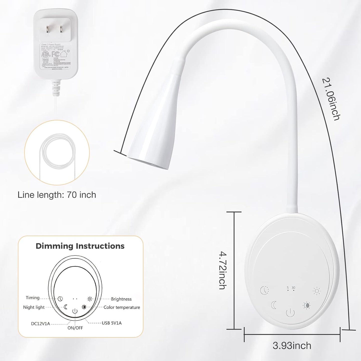LED Wall Mounted Reading Light, Book Light for Reading in Bed with Touch Control, 5 Dimmable, USB Output, Night Light & Timers Function, Flexible Gooseneck Headboard Bed Lights (White)