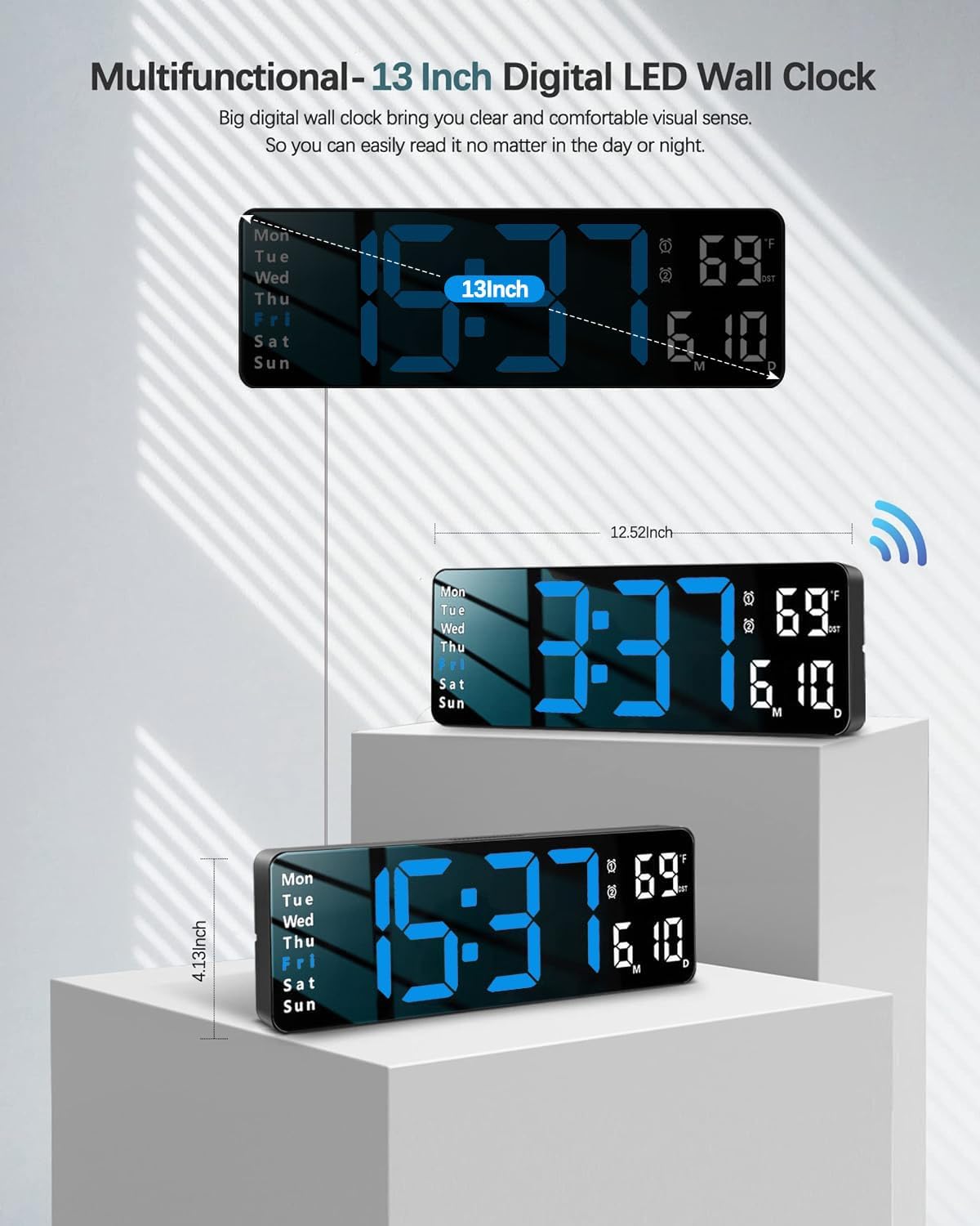 JoFomp Digital Wall Clock - 13" Large LED Display, Loud Alarm, Remote Control, DST, Auto-Dimming, Date and Day, Timer, Temperature - 12/24H Format - Ideal for Living Room, Bedroom, Kitchen