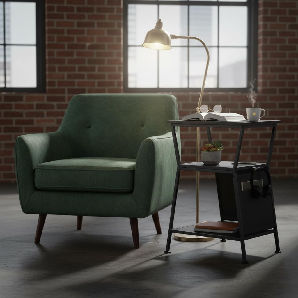 End Table with Storage Bag, Three-Tier Trapezoidal Side Table with Storage Bag, Corner Table Sofa End Table for Living Room Bedroom