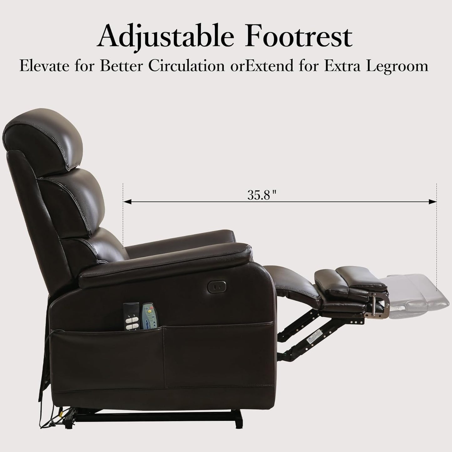 Big Tall Man Lay Flat Ergonomic Lounge Chair with Extended Footrest Single Power Lift Recliner Chairs Sofa Heat Massage for Home Theater Living Room Bedroom