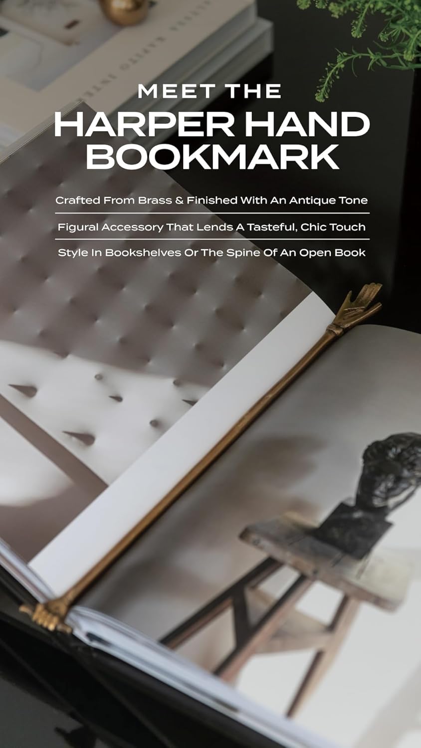 Harper Hand Book Mark — by Alice Lane Home Collection — Crafted Entirely from Brass — Styles Well in Spine of a Book — Reading in Bed — Home Decor