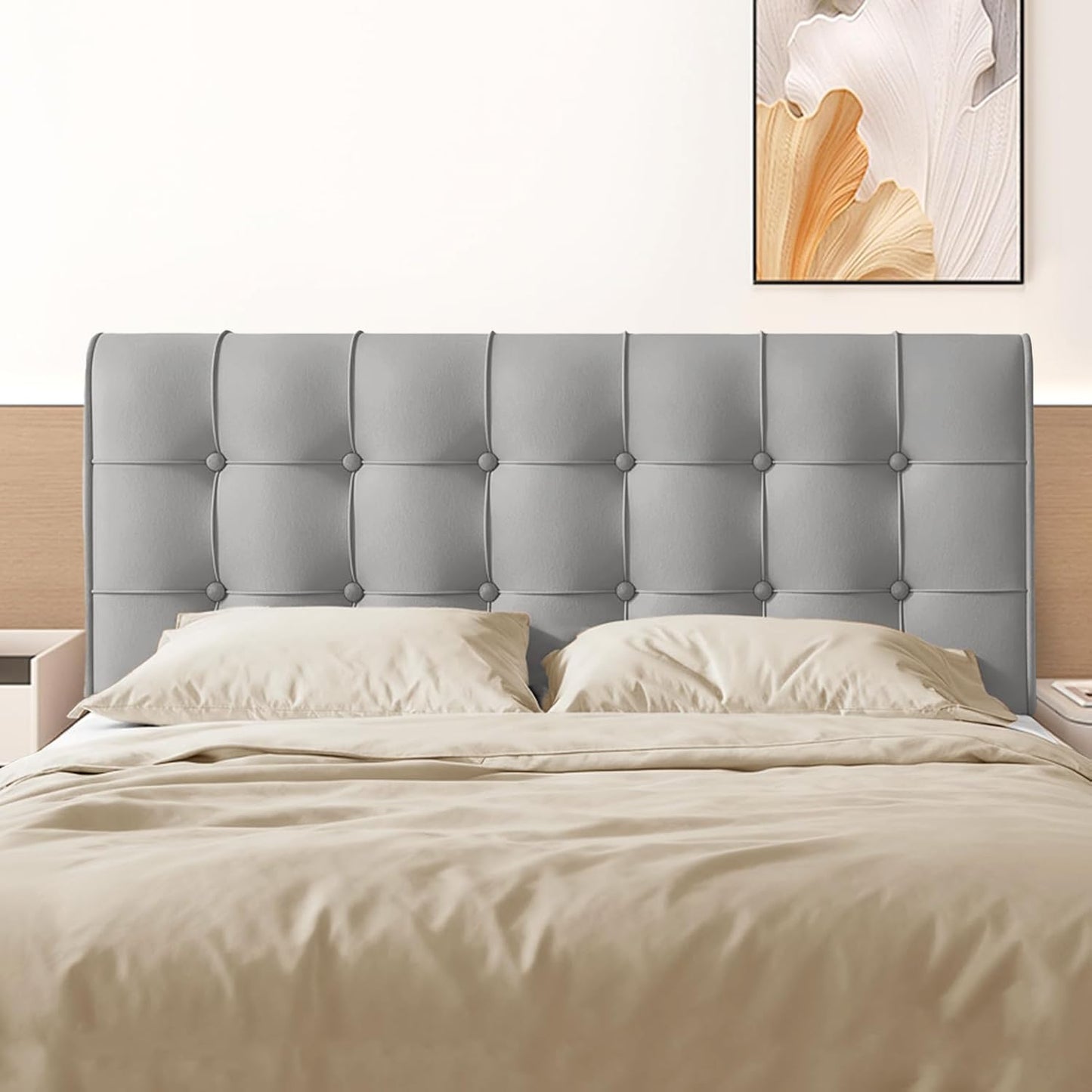 Twin Size Upholstered Headboard - High-Density Foam Gray Cushion, Peel and Stick Floating, Storage Pockets & Non-Slip Straps for Dorm, Rentals & Bedroom Decor