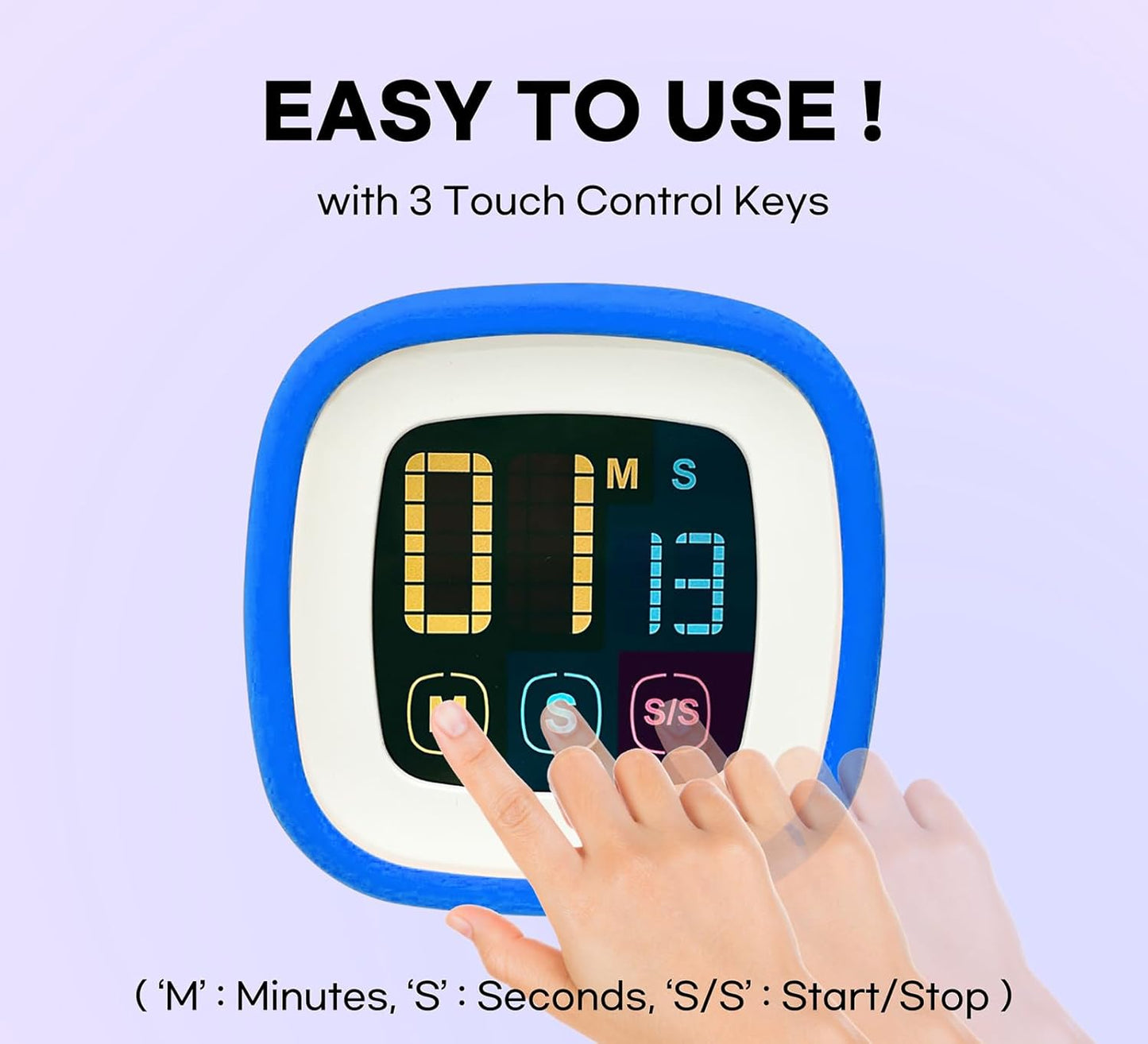 Digital Kitchen Timer (Protective Silicone Case) - Touch Control, Large Backlit LCD Display with Color Bold Digits, Magnetic Kickstand, Loud Alarm, Auto Memory, Countup/Countdown (Sky Blue)