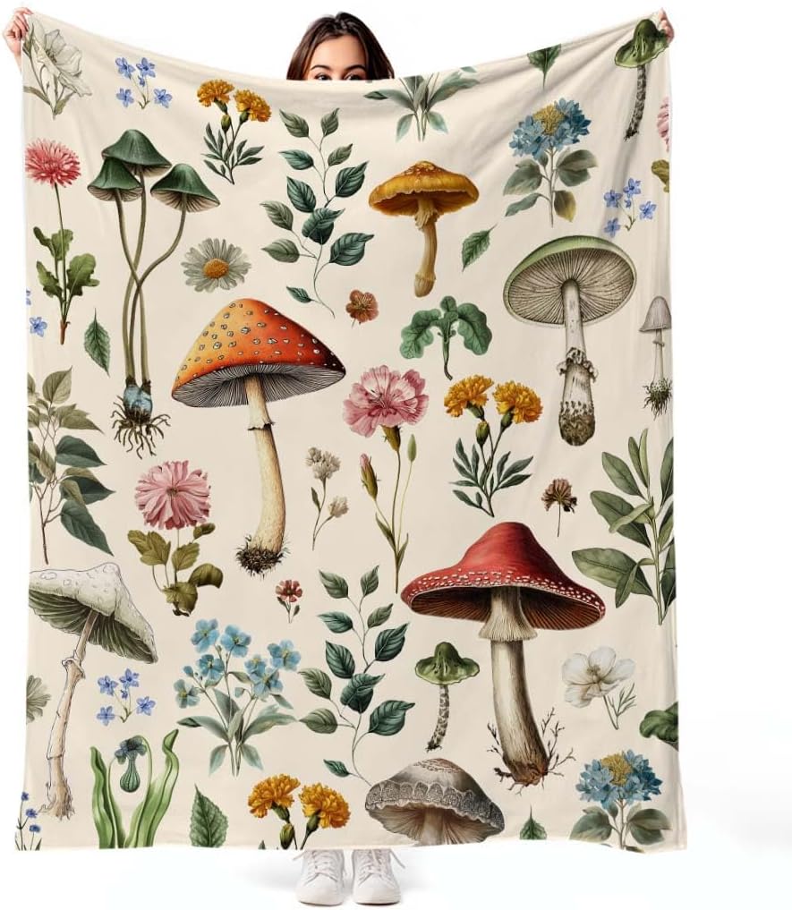 MASLEK Mushroom Floral Blanket Cozy Soft Flannel Throw Vintage Beige Botanical Nature Design Lightweight Warm Blanket for Couch Bed Sofa Gift for Women Men, 50x60 Inch