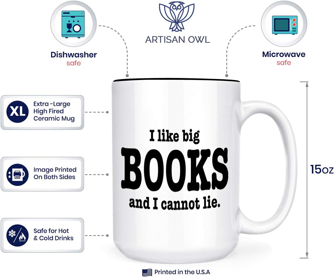 Artisan Owl I Like Big Books and I Cannot Lie Funny Book Lover Coffee Mug – 15oz White Ceramic Cup for Readers, Bibliophiles, Teachers, Librarians & Bookworms