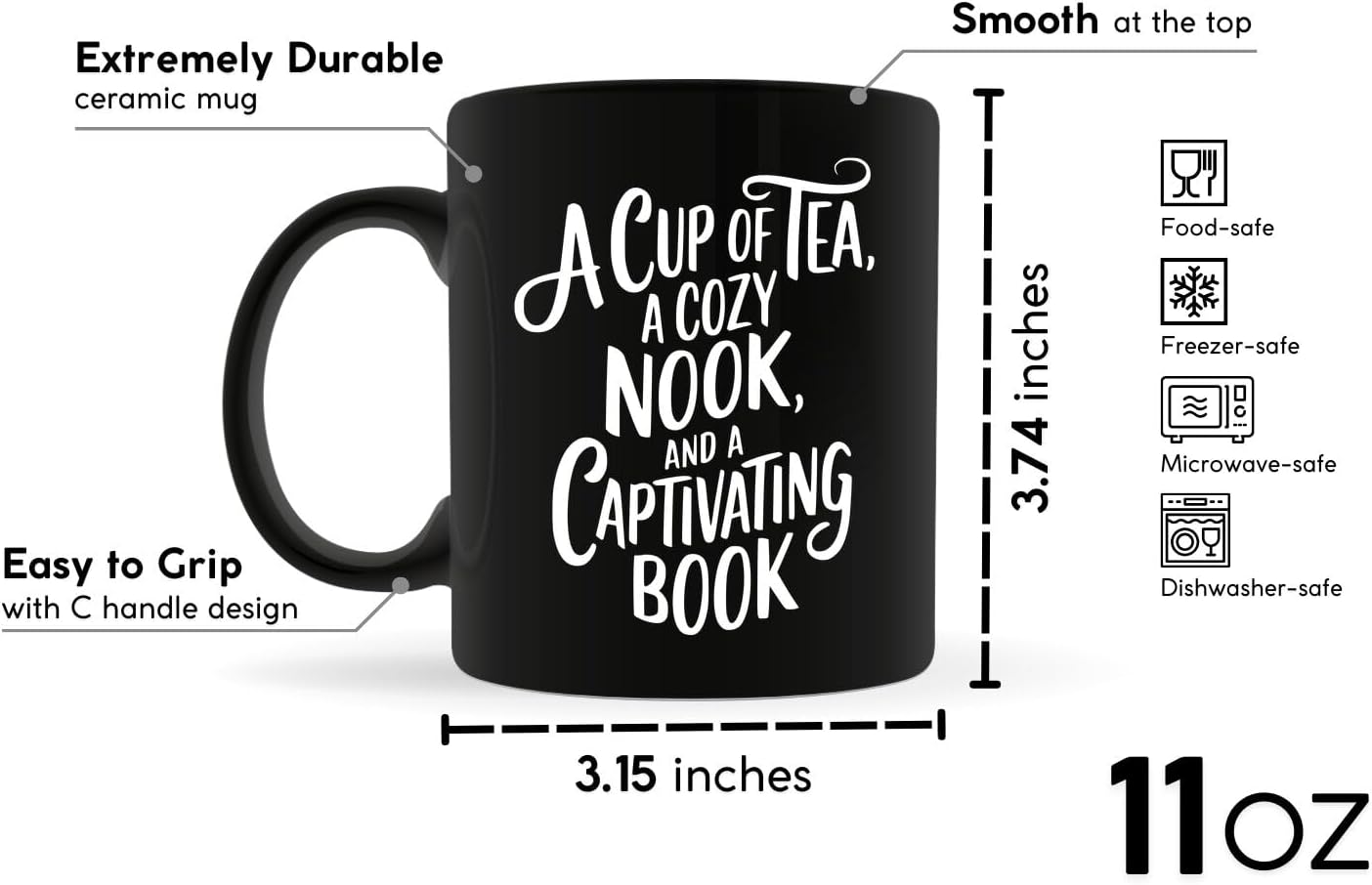 Book Lovers Coffee Mug 11oz Black -Tea Nook - Gift for Book Club Bookworm Bookish Reading Nerdy Avid Readers Women