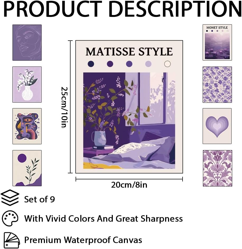 CRAFTYMELODY Matisse Theme Wall Art Prints Set of 9 Purple Theme Poster Wall Decor Monet Purple Flower Home Artworks for Gallery Living Dining Room Bedroom Bathroom Home Decoration 8x10 Inch Unframed