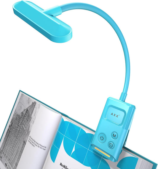 AXX Clip on Book Light for Bed, Rechargeable Reading Lamp for Kids, 1000mAh Battery Operated, 30/60 Minutes Timer, Lighting Accessories for Travel Car at Night - Misty Blue