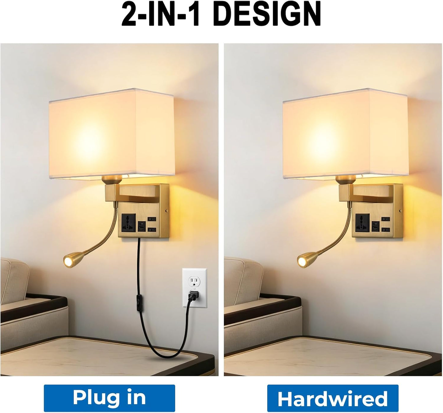 Wall Lamp for Bedroom Living Room Office Hotel, Plug in Wall Sconce with AC Outlet & USB Charging Port, Wall Mount Reading Light 360°Adjustable, Gold Headboard Lamp With 3 Color Temperature