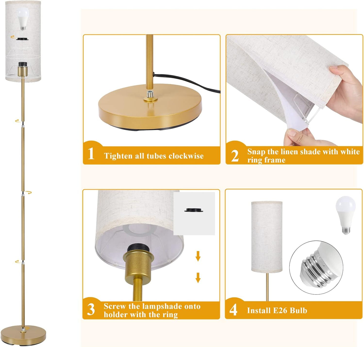 Boostarea Floor Lamp for Living Room with 3 Color Temperatures Bulb, Industrial Floor Lamps, Gold Classic Tall Lamp for Office, Standing Lamps for Bedroom, Kids Room, Reading(9W LED Bulb, Linen Shade)