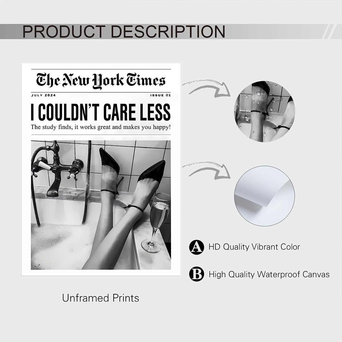 ZERFVTG Black and White Girly Poster Retro NewsPaper Wall Art Vintage Bar Cart Decor Trendy New York Times Canvas Prints for Barthroom Home Bar 12x16 inch Unframed