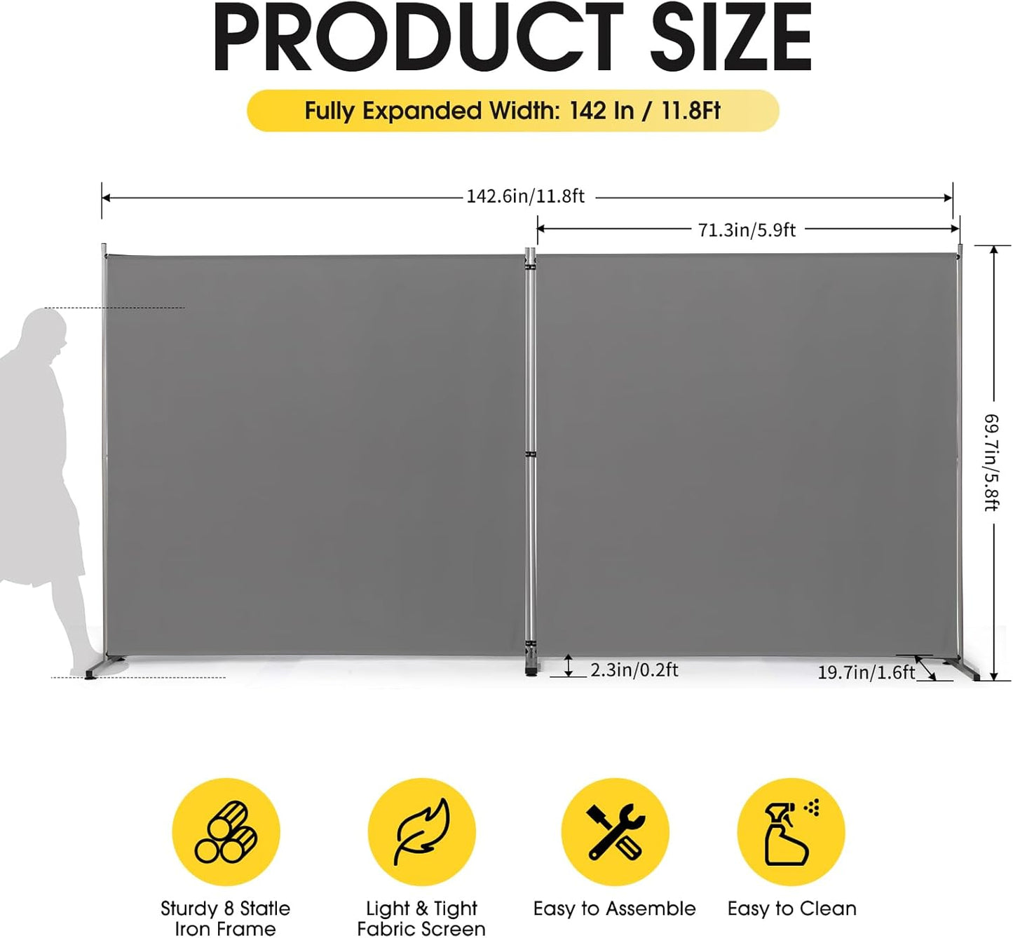 Rantila Indoor Room Divider, Portable Office Divider, Room Divider Wall Screen 2 Large Panel, Folding Partition Privacy Screen Walls Dividers for Room Separator 142" W x 71" H,Gray