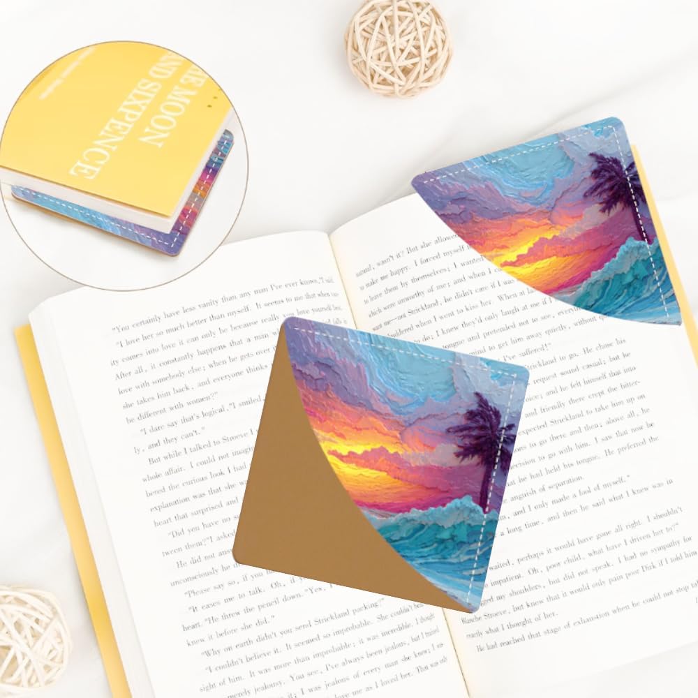 2PCS Leather Bookmarks 3.54 x 3.54 Inch Tropical Sunset Beach Design Reading Accessories for Books Journals Bibles Travel Diary Students Teachers and Book Lovers Gift