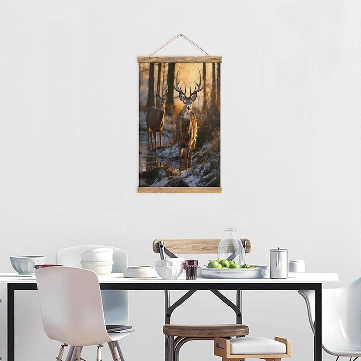 Vintage Deers Picture Poster with Wooden Frame Personalized Linen Hanging Scroll Painting Rustic Wall Hanging Illustrative Modern Artwork Decor for Home Living Room Bedroom Office