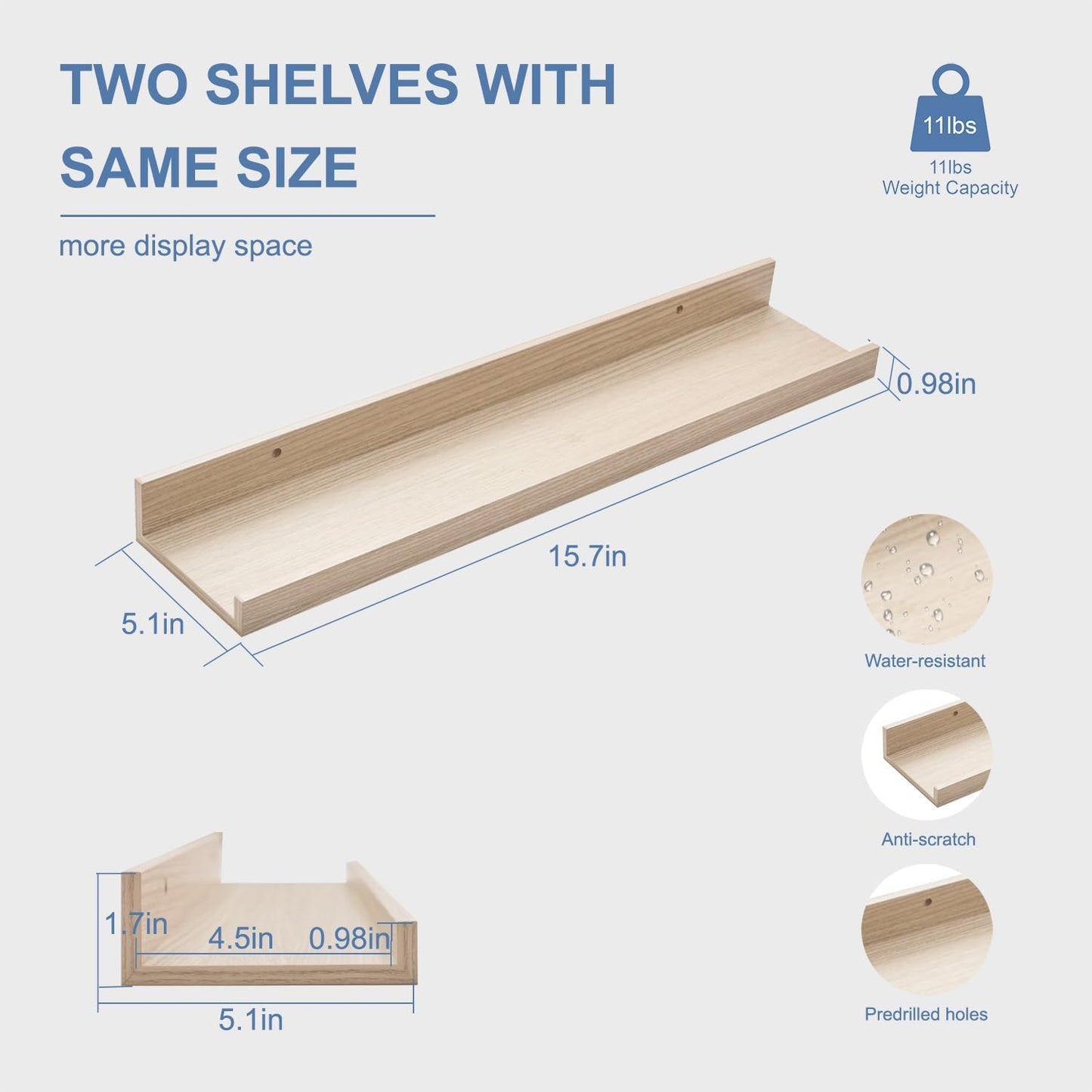 16inch Floating Picture Ledge Shelves 2-Pack, Oak Wall Mounted Shelves with Lip for Nursery, Kids Room, Living Room & Bedroom, Sturdy Floating Book Shelves for Photo Frames & Decor