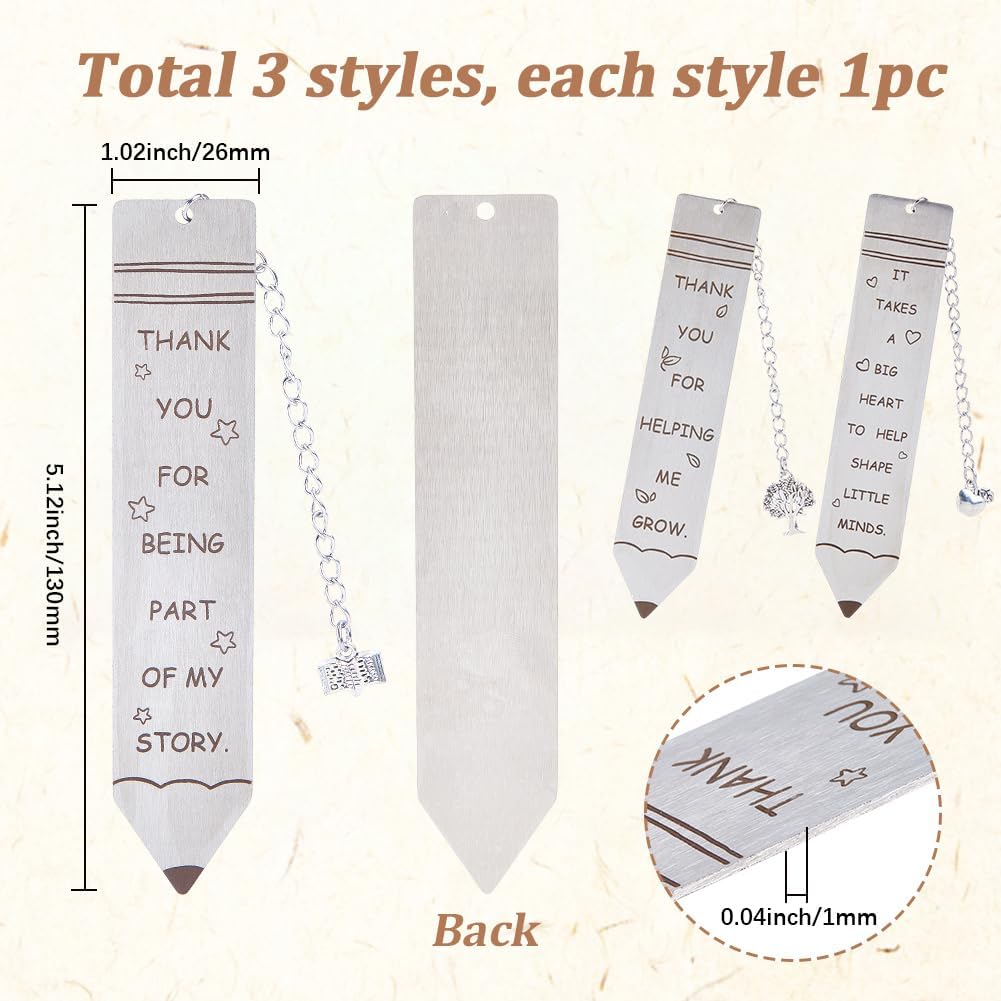 3Pcs Engravable Metal Bookmarks Blank Book Marks with Tassel Pen Shape Motivational Words Tree Stainless Steel Silver Book Markers for Readers School Students Page Textbook DIY Reading Gifts