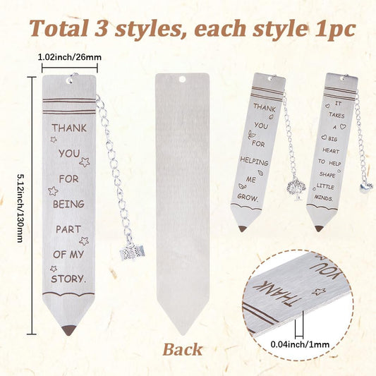 3Pcs Engravable Metal Bookmarks Blank Book Marks with Tassel Pen Shape Motivational Words Tree Stainless Steel Silver Book Markers for Readers School Students Page Textbook DIY Reading Gifts