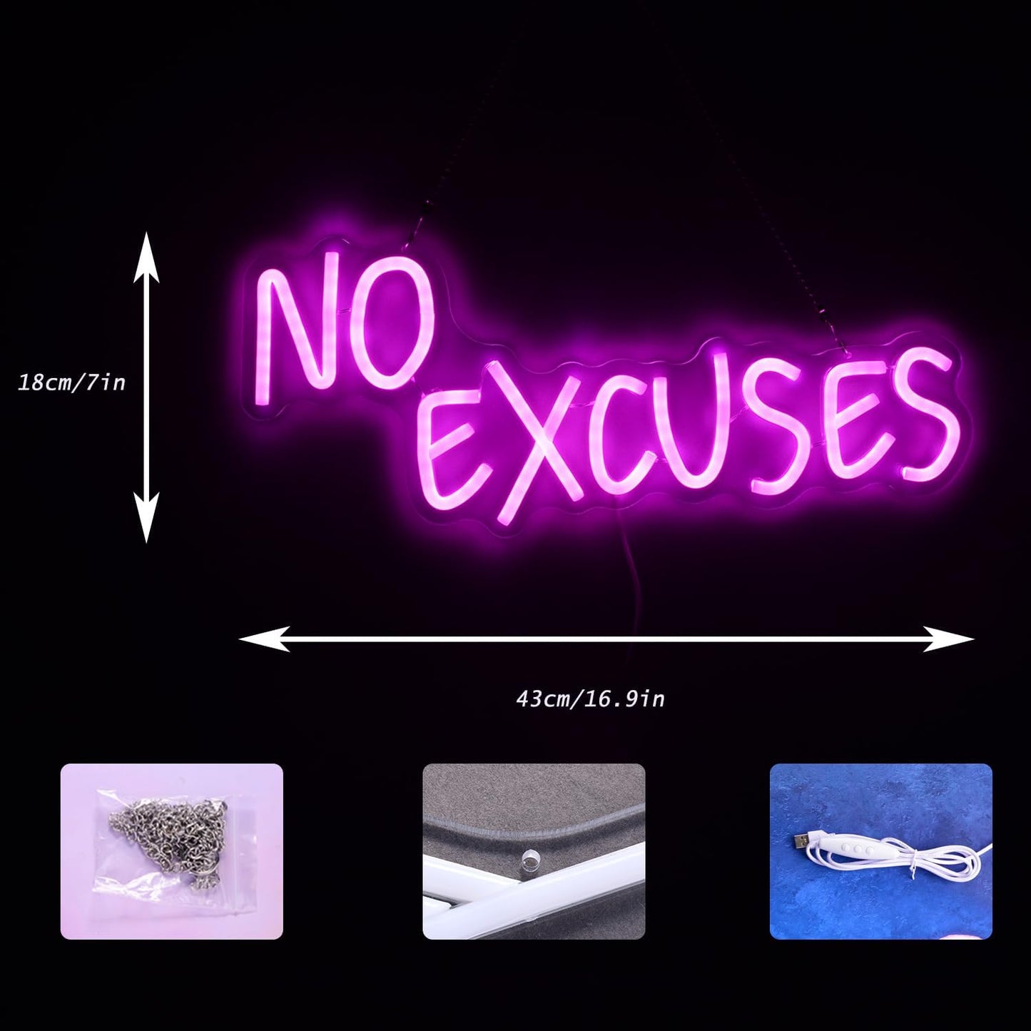 No Excuses Neon Sign Pink Inspirational LED Light Motivational Dimmable Wall Art Decor Neon Gym Accessories Sign Bright Word LED As a Gift for Fitness fans,Workout Man,Teenager,Professional Sportsmen