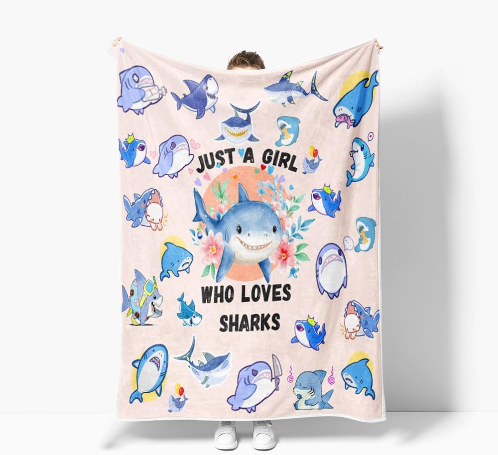 Shark Blanket for Kids Girls Women, Cute Light Pink Sharks Throws Blankets for Shark Lovers, Just a Girl Who Loves Sharks Soft Warm Flannel Blankets for Girls Room, Couch, Sofa Bed Decor, 50X60IN