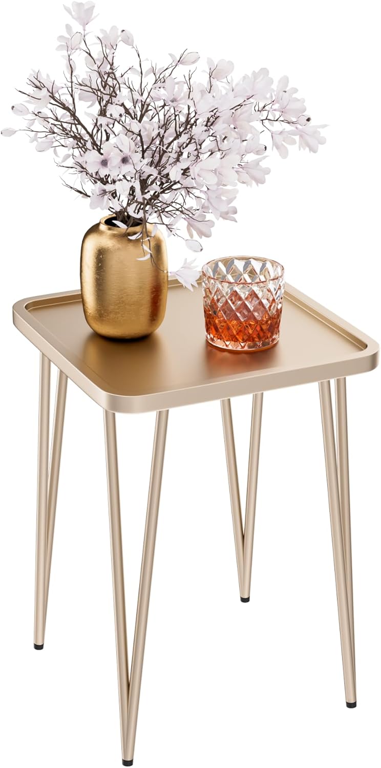 Palama Square Side Table - Metal End Table, Easy Assembly Champagne Gold Bedside Table, Perfect for Small Spaces Indoor or Outdoor, Single Plant Stand
