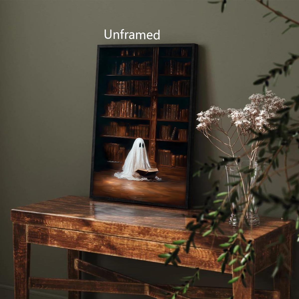 Venphude Halloween Canvas Wall Art, Ghost Reading A Book Front The Bookshelf Aesthetic Poster, Dark Academia Home Library Print, Spooky Gothic Wall Decor for Reading Nook 8x12in Unframed