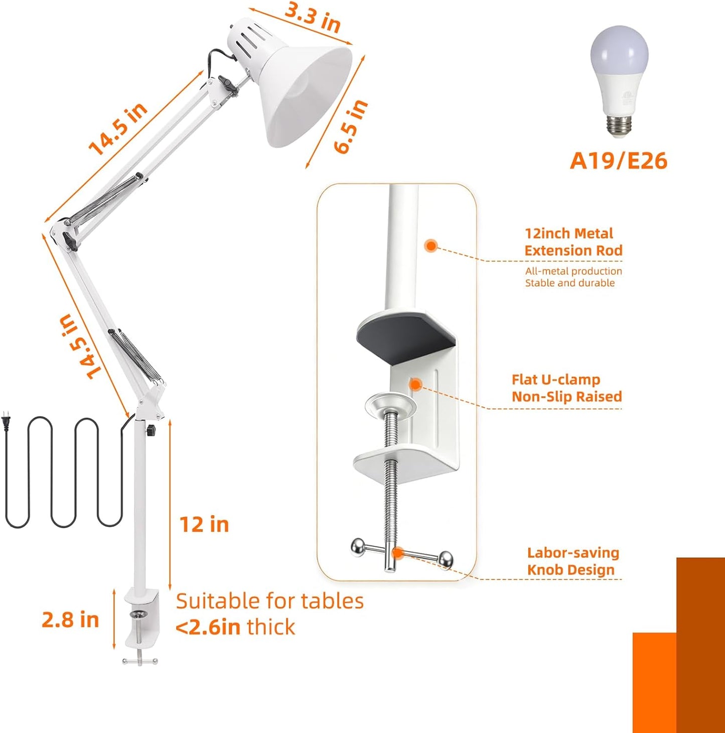 2 Pack LED Desk Lamp Dimmable with Clamp, Eye-Caring Clip on Lights for Home Office, 3 Adjustable Color Temperature, Extra Tall Metal Swing Arm, High Intensity Clamp w/A19 E26 Bulb for Working Reading