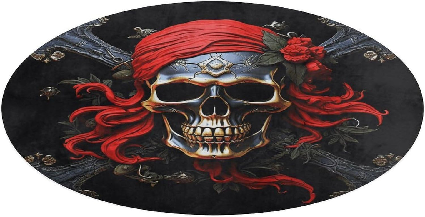 Pirate Skull Circle Rug Retro Luxury Coral Velvet Floor Mat Non Slip Soft Indoor Floor Carpet Comfy Thickened Area Rugs Modern Aesthetic Minimalist Carpets for Home Decor
