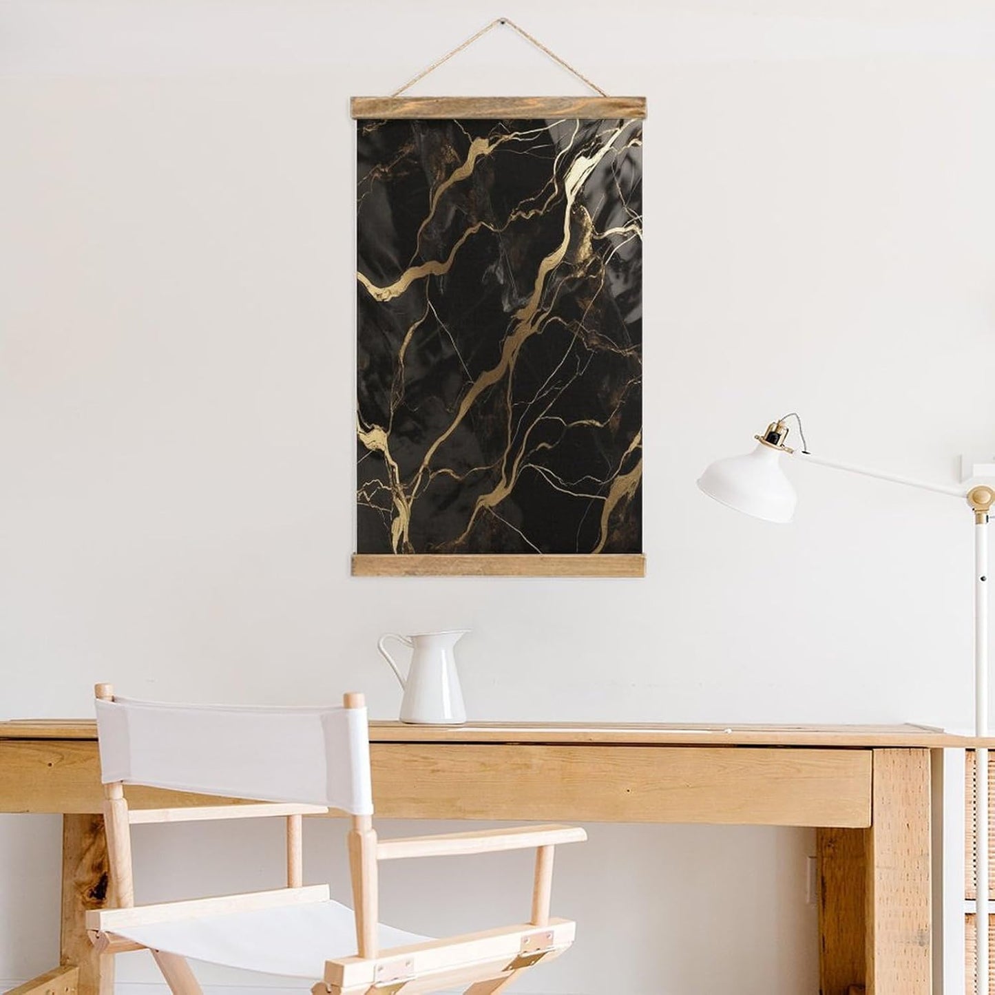 Vintage Black Gold Marble Poster with Wooden Frame Personalized Linen Hanging Scroll Painting Rustic Wall Hanging Illustrative Modern Artwork Decor for Home Living Room Bedroom Office