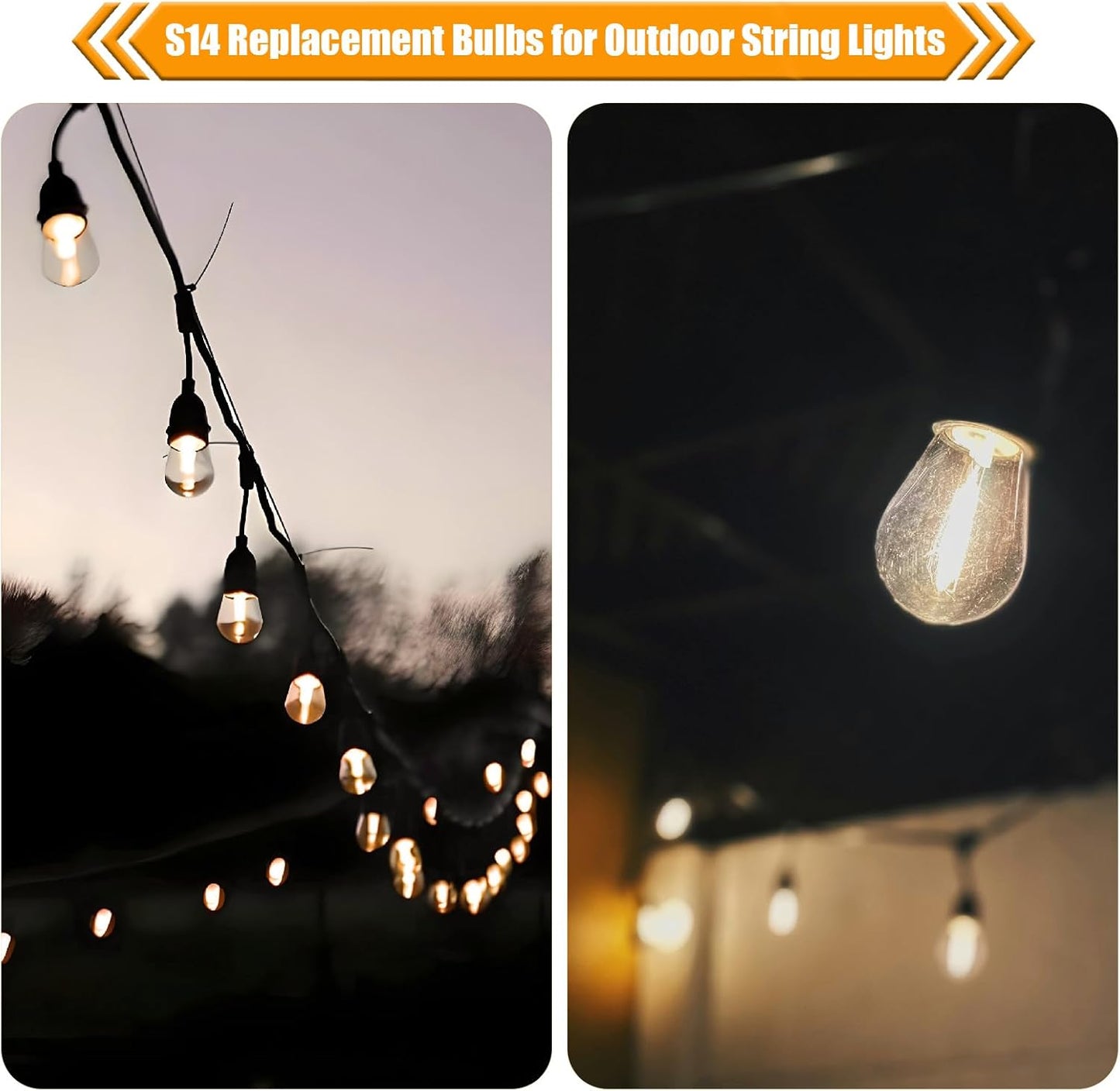 25 Pack S14 Replacement Bulbs for String Lights, 1W LED Waterproof Shatterproof Outdoor Light Bulbs, 2200K Amber Warm White, E26 Base, 70LM, AC120V, Non-Dimmable