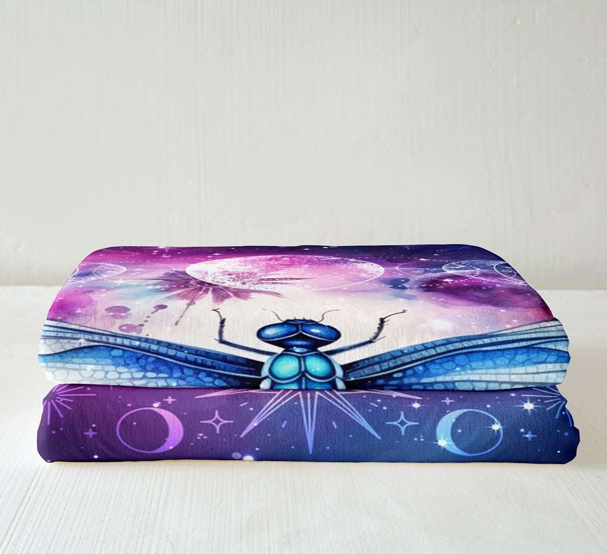 Dragonfly Kids Throw Blanket,Sun Moon Starry Sky Galaxy Trippy Bed Blanket for Girls Boys Women,Rustic Insect Wildlife Fleece Blanket,Purple Dreamy Fuzzy Blanket,Queen Size (90 x 90 Inches)
