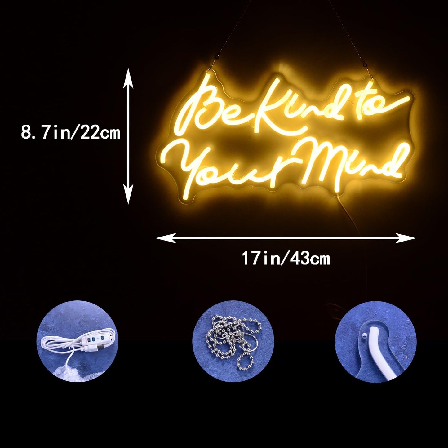 Be kind to Your Mind Neon LED Sign Hippie Letters Reusable Neon Lights for Wall Art Decor, Encouragement Gifts, Health Quote Lamp Light up Bedroom, Office, Home,Study, Reception Room