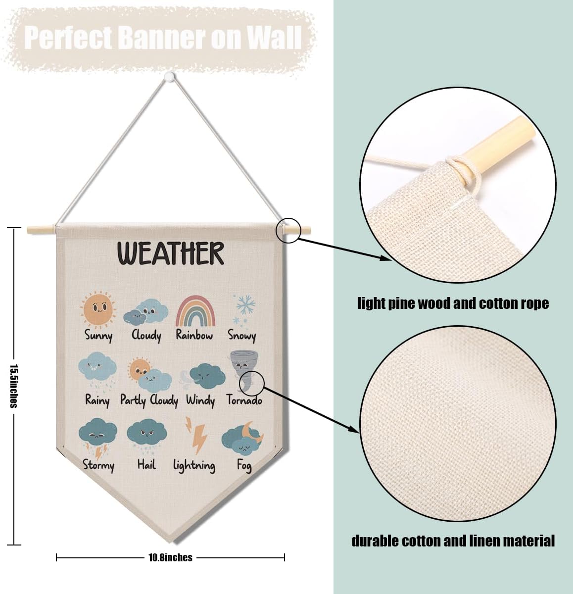 Cute Weather Canvas Banner Wall Decor Nursery Decor, Learning Posters for Toddlers Wall Hanging Pennant Flag Office Playroom Homeschool Wall Art for Toddler Kid Room Reading Room Decor Poster Print