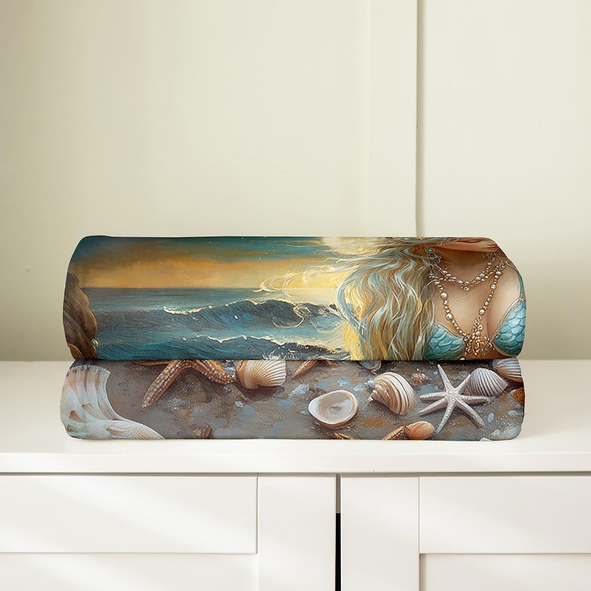 Erosebridal Mermaid Flannel Blanket Queen Inch Princess Girl Fleece Blanket Nautical Ocean Moon Night Beauty Fuzzy Plush Throw Mysterious Beach Shells Waves Living Room Decor