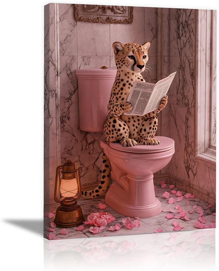 Mudket Funny Cheetah Poster Canvas Wall art for Bathroom, Framed Ready to Hang, Modern Cool Pink Leopard Reading Picturess Art for Toilet Restroom Powder Room Decor - 24" L x 16" W