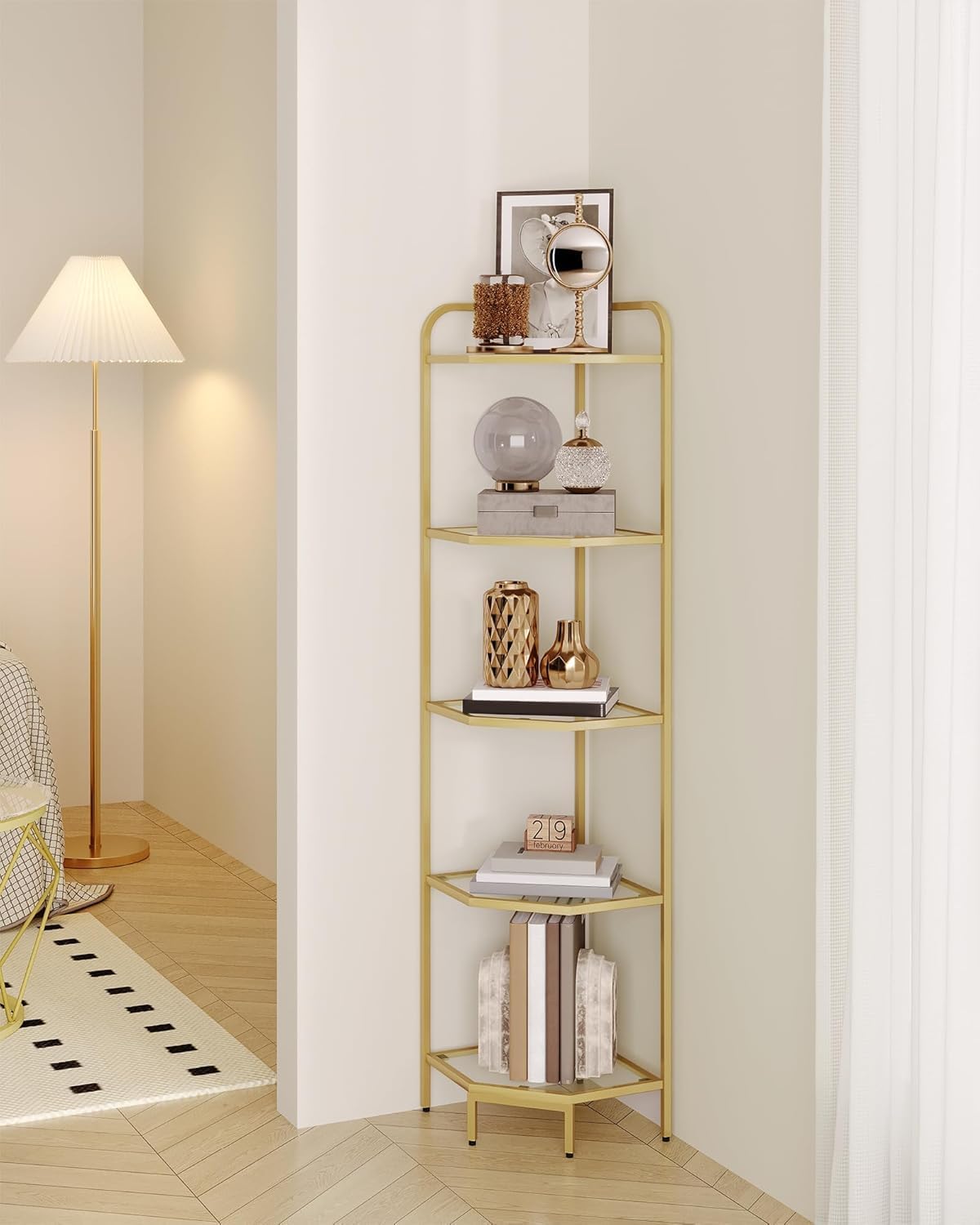 Corner Shelf Stand, 5-Tier Glass Bookshelf Bookcase, Bathroom Organizer, Plant Stand, Steel Frame, Tempered Glass, Modern Style for Living Room, Bathroom, Kitchen, Golden CS90200G