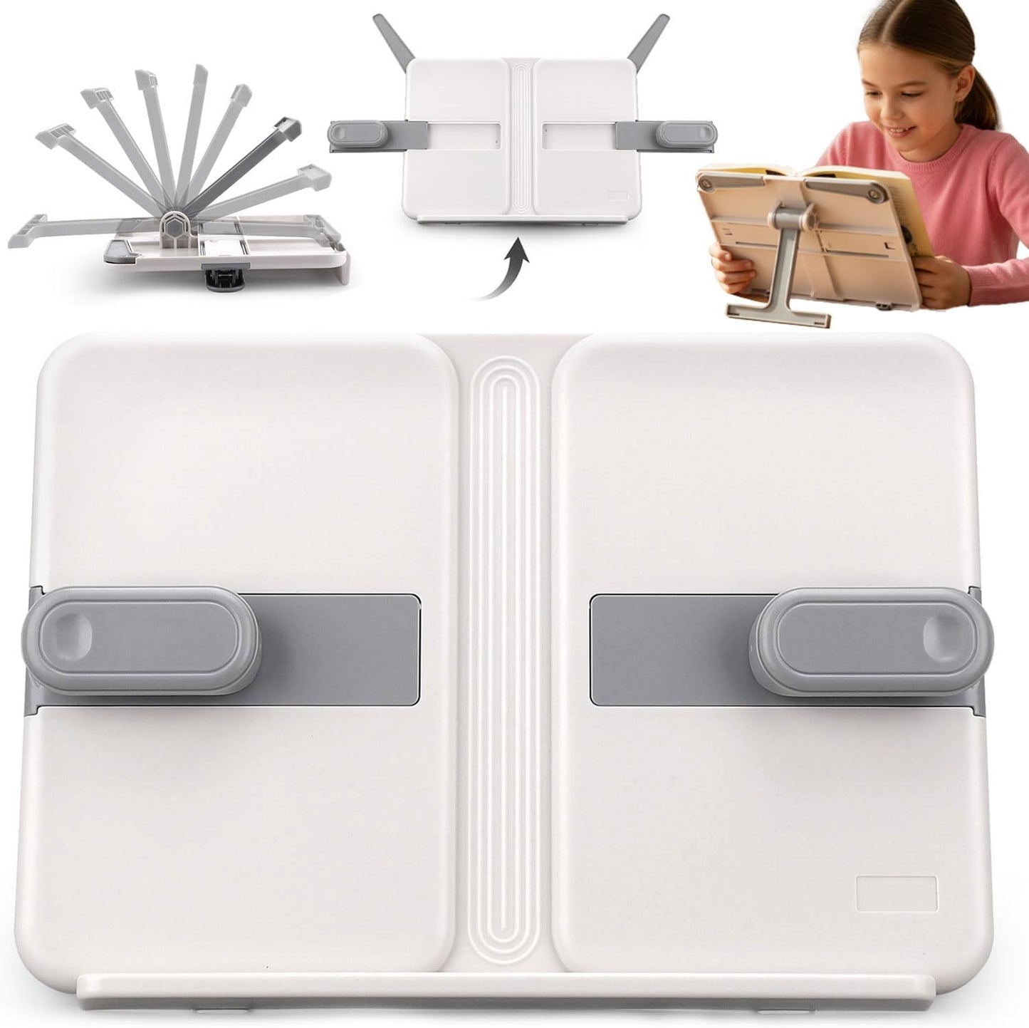 Adjustable Metal Book Stand Tray Portable Foldable Lightweight Bookstands Page Clips Rest for Music Score Cookbook Tablet Textbooks Ergonomic Reading Posture (Grey)