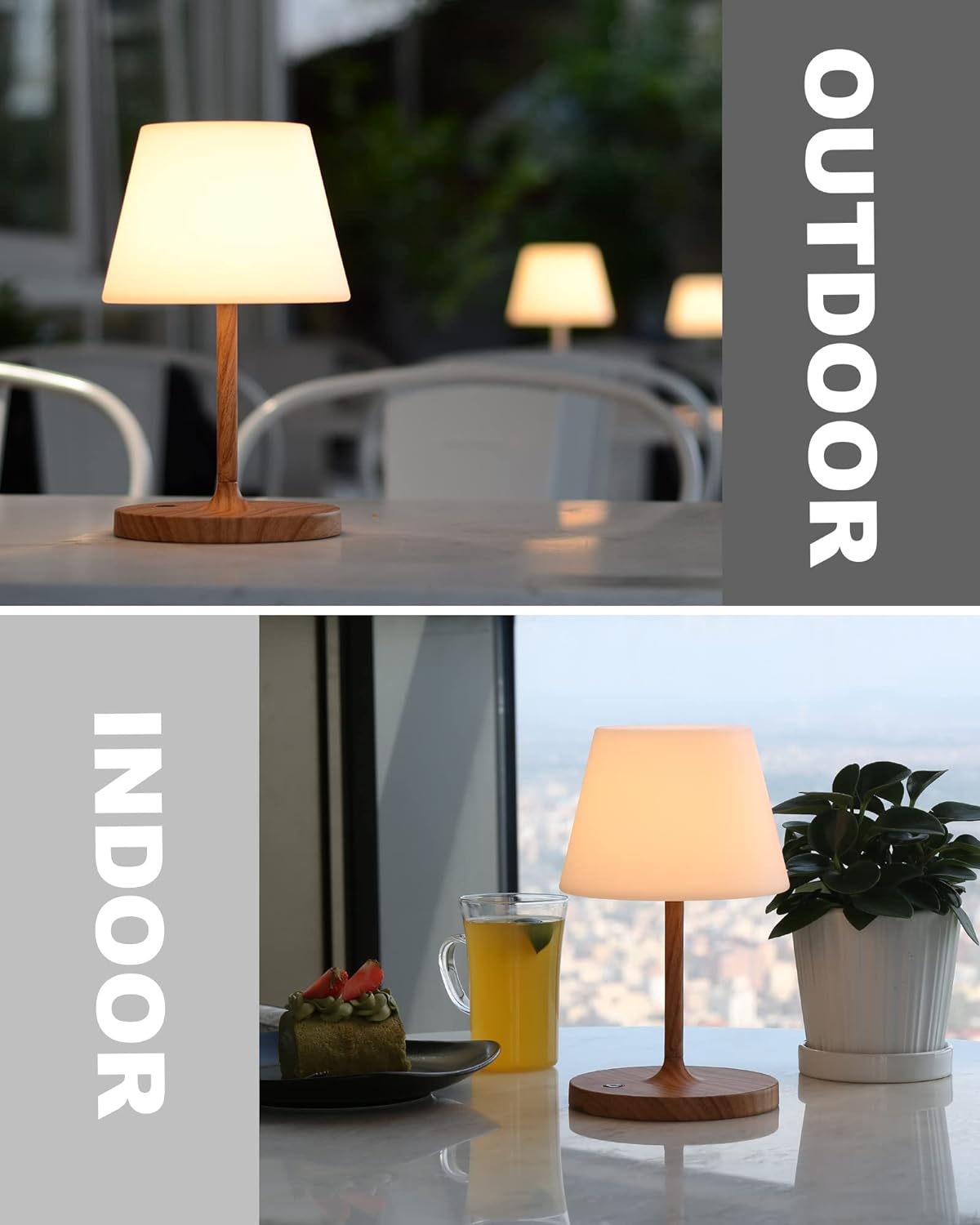 Outdoor Battery Operated Table Lamp Waterproof, 4000mAh Cordless Table Lamp Rechargeable, Touch Dimmable Desk Lamp, LED Night Light for Patio Camping Restaurant Home (Wood Grain, 9.6in)