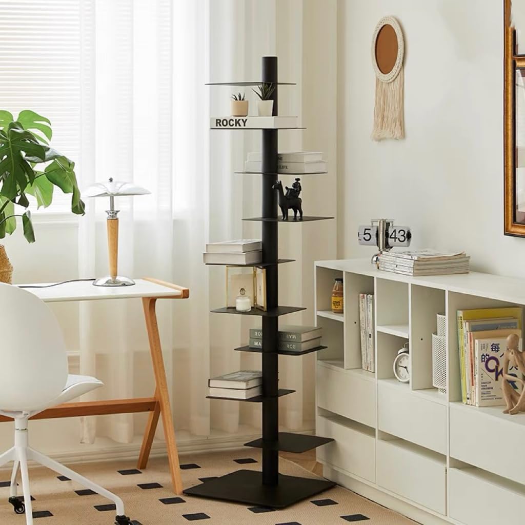 9-Tier Metal Spine Bookshelf, Modern Style, Suitable for Small Spaces, Rotatable, 9 Shelves, White
