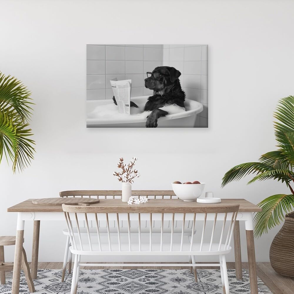 Funny Wall Art Bathroom Wall Decor Rottweiler Dog Reading Newspaper in Bubble Bath Black and White Print Canvas Wall Prints poster Retro Home Office School Library Decor Framed8x12inch