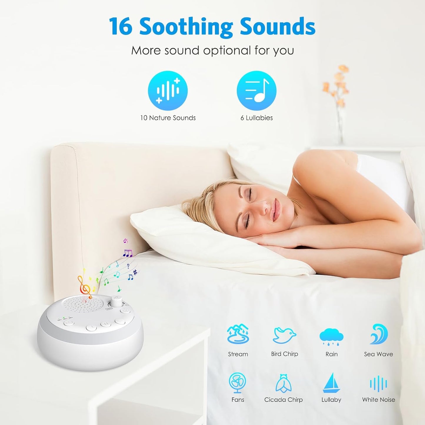 AMIR Sound Machine White Noise Machine with 16 Soothing Sounds for Baby Adults Kids Sleep, 3 Timers and Night Lights, Type-C Charging, Noise Canceling, Sound Therapy for Travel Office Home