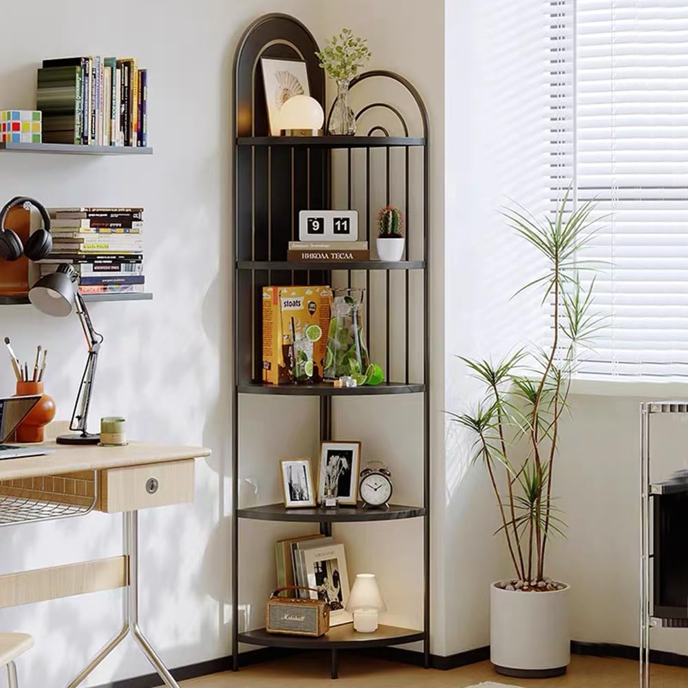 Black 5 Tier Metal Corner Shelf,Tall Industrial Corner Shelving Unit,Freestanding Corner Storage Rack for Small Spaces,Narrow Corner Bookshelf for Living Room,Bedroom,Bathroom