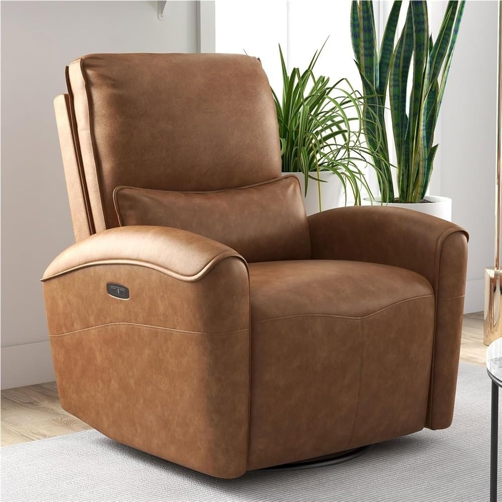 Power Swivel Rocker Recliner Chair, Oversized Electric Recliner Chair with Lumbar Support, Comfortable Glider Recliner Chair for Adults, Upholstered Reclining Sofa, Brown