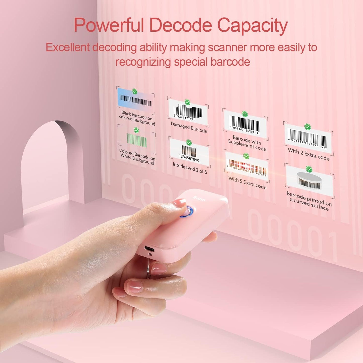 Eyoyo Mini 1D Bluetooth Barcode Scanner, 3-in-1 Bluetooth & USB Wired & 2.4G Wireless Barcode Reader Portable Bar Code Scanning Work with Windows, Android, iOS, Tablets or Computers(Pink)