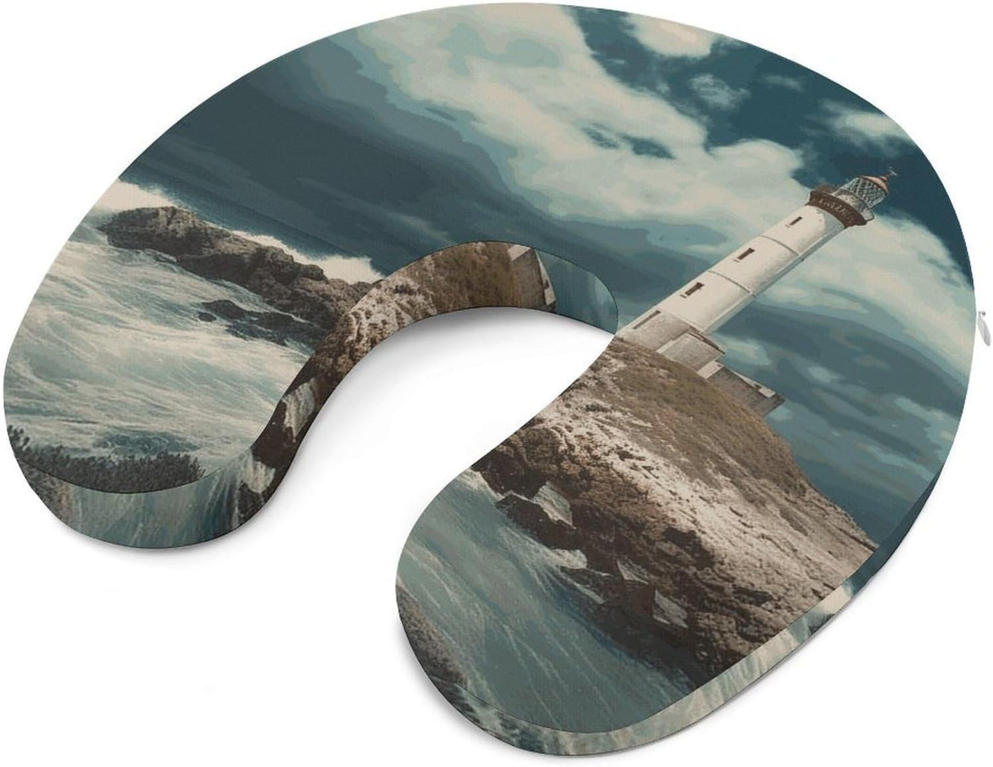 Lighthouse Seaside Neck Pillow Memory Foam U Shaped Pillows Portable Pillows for Shoulder Travel Head Support Pillow with Concealed Zipper for Airplane Car Home Office