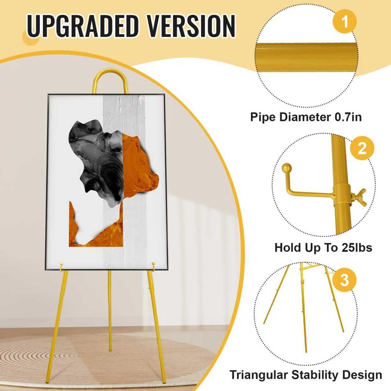 52" Gold Easel Stand for Wedding Sign, Adjustable Height Levels, Lockable at Any Height, 3 Display Modes, Heavy Duty Art Easel for Wedding, Draw Pictures, Art Gallery & Shop Promotion